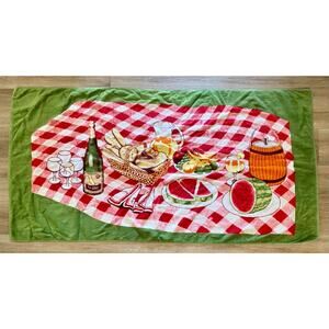 Vintage HILASAL 59”x31” Beach Towel Picnic Theme California Wine Bread & Fruit